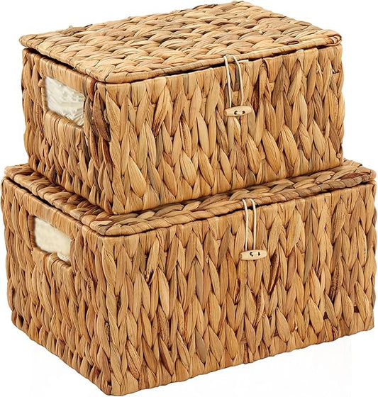 Wicker Basket with Lid, Water Hyacinth Storage Baskets for Shelves, Large & Small Storage Basket with Lid and Built-in Handles, Hand Woven Hyacinth Baskets 2 Pack