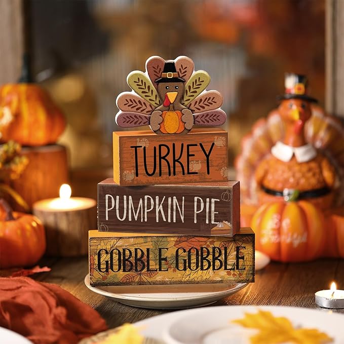 4 Pcs Fall Decorations for Home Thanksgiving Tiered Tray Decor Fall Table Decor Thanksgiving Centerpiece Rustic Wooden Turkey Block Sign for Autumn Harvest Party Table Kitchen Shelf