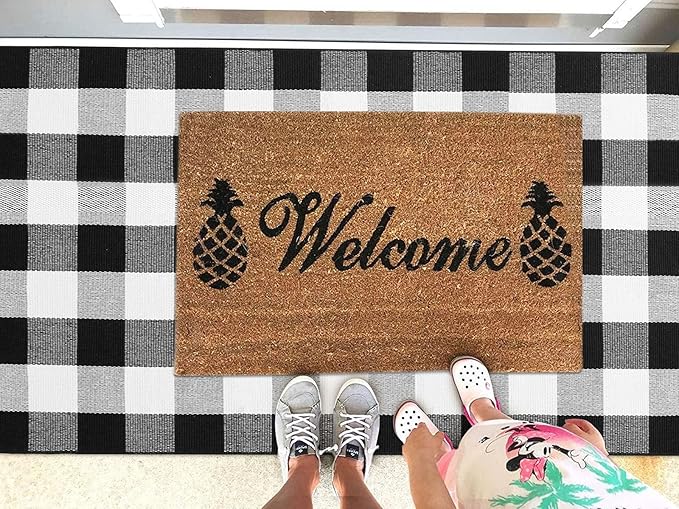KOZYFLY Buffalo Plaid Area Rugs 3x5 Ft Black and White Checkered Rug Washable Front Door Mat Hand Woven Cotton Outdoor Rug Large Rug for Front Porch Kitchen Entryway Patio Bathroom
