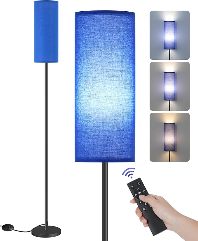 Dimmable Blue Floor Lamp for Living Room with Remote and Foot Switch, Corner Floor Lamp for Bedroom, 64.4" Standing Tall Lamp, 10W 900LM Bulb Included, 3000K-6500K, Linen Shade, FCC Listed U06LD05W1