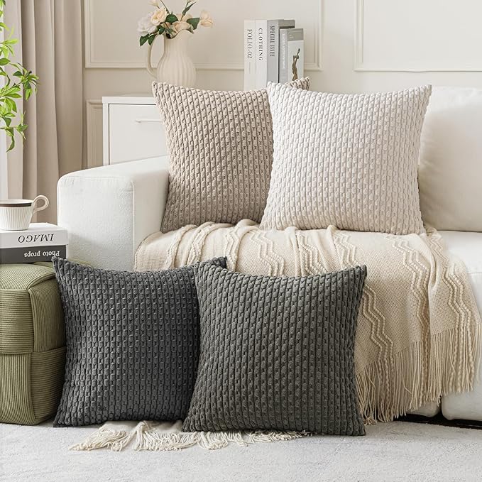 MIULEE Throw Pillow Covers Soft Couch Decorative Set of 4 Boho Striped Neutral Cushion Covers Corduroy Pillowcases Mid Century Farmhouse Home Decor for Couch Bed Sofa Living Room 18x18 Inch Grey