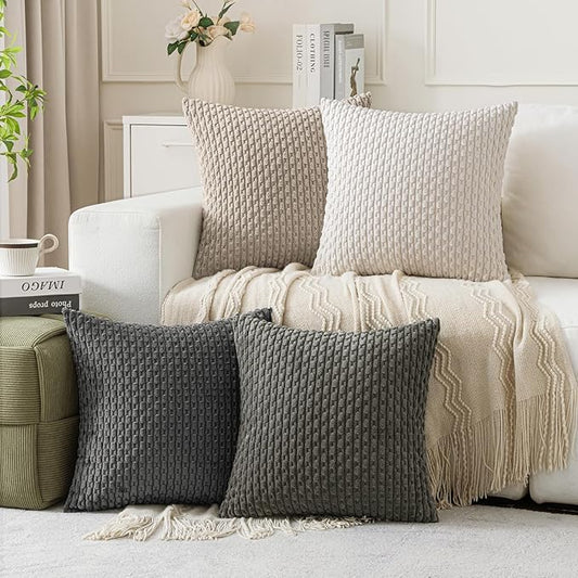 MIULEE Throw Pillow Covers Soft Couch Decorative Set of 4 Boho Striped Neutral Cushion Covers Corduroy Pillowcases Mid Century Farmhouse Home Decor for Couch Bed Sofa Living Room 18x18 Inch Grey