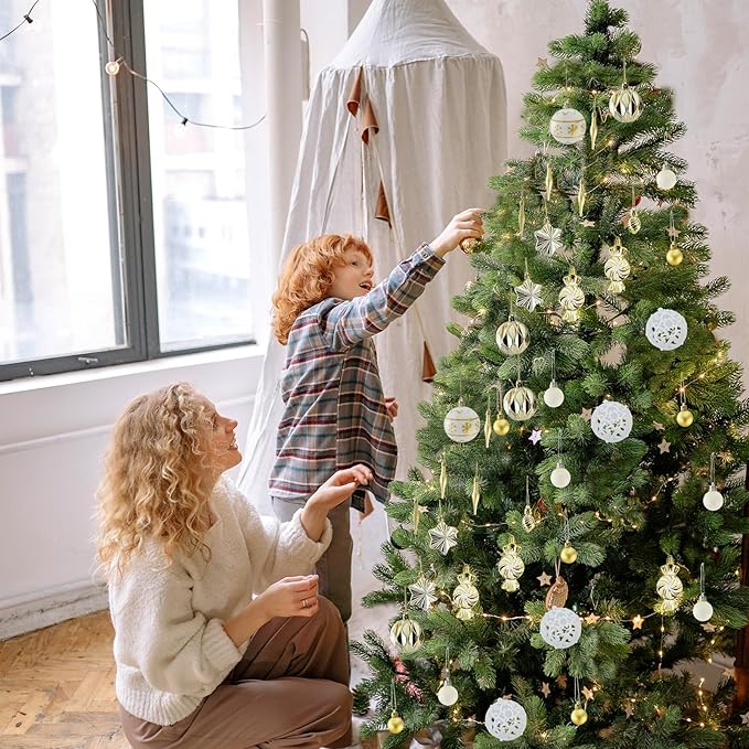 73 Pcs Christmas Ball Ornaments, Gold White Plastic Hanging Ornaments for Christmas Tree, Wreaths & Outdoor Displays