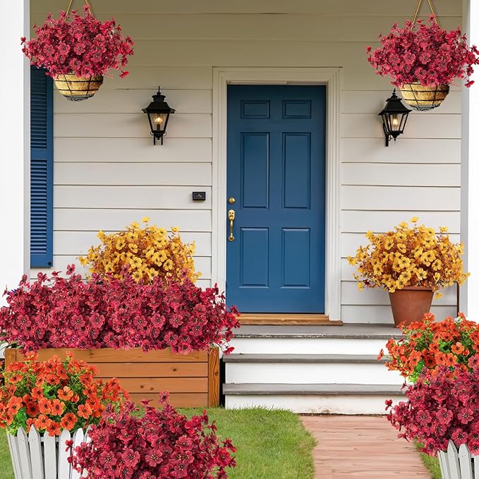 RECUTMS Realistic Artificial Plants Artificial Mums Fall Flowers Fake Fall Plant UV Resistant Fake Flowers Realistic Eucalyptus Leaves Silk Mums Faux Autumn Plant for Thanksgiving Home Decor(Wine Red)