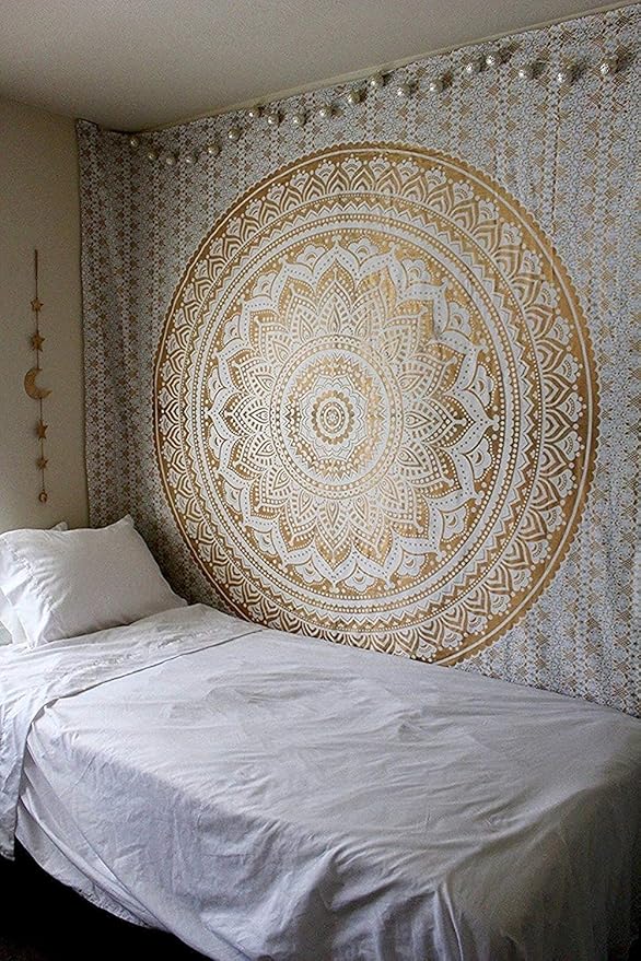 RAJRANG Golden Mandala Tapestry for Bedroom and Living Room Wall Hanging Cotton Tapestries Golden and White Ombre 90x84 Inches