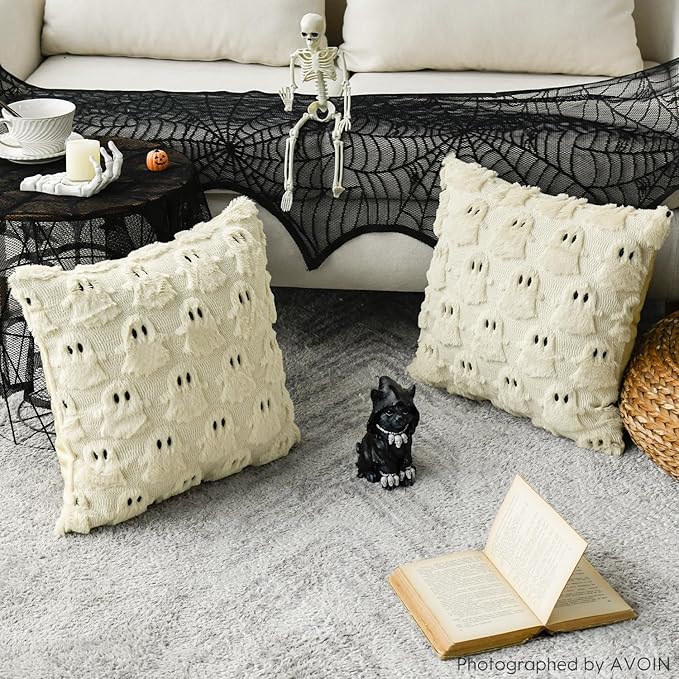 AVOIN colorlife Halloween Ghost Beige Throw Pillow Cover Set of 2, 20 x 20 Inch Soft Plush Faux Fur Jacquard Spooky Cushion Case Decoration for Sofa Couch