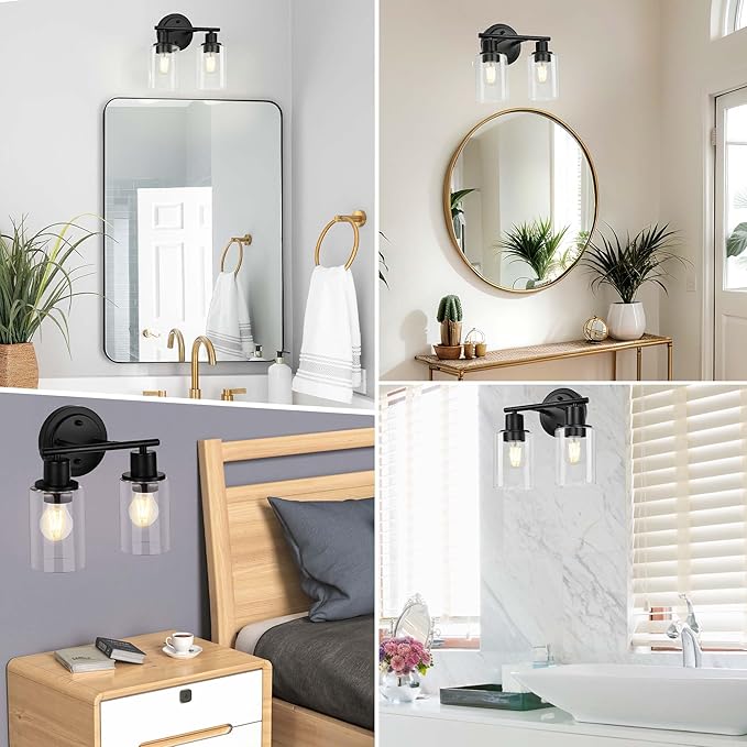 2-Light Bathroom Vanity Light Fixture Black Two Bulb Vanity Bathroom Lights Over Mirror, 2-Light Black Wall Sconce Over Sink