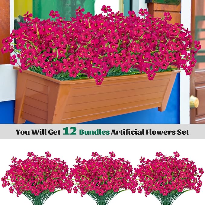 Lnoicy 12 Pcs Artificial Flowers for Outdoor,Plastic Flowers Decoration, UV Resistant Faux Flowers Shrubs, Artificial Plants for Indoor Outside Garden Home Wedding Farmhouse（Rose Red）