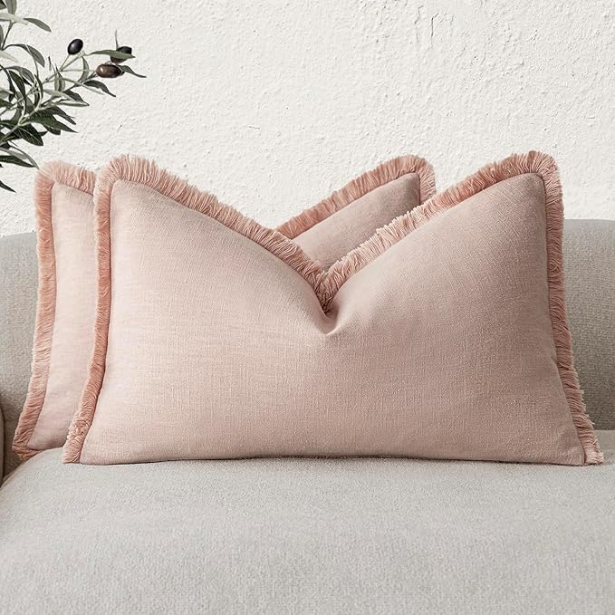 Foindtower Set of 2 Decorative Linen Fringe Lumbar Throw Pillow Covers Boho Farmhouse Cushion Cover with Tassels Soft Accent Pillowcase for Couch Sofa Bed Living Room Home Decor,12×20 Inch,Light Pink