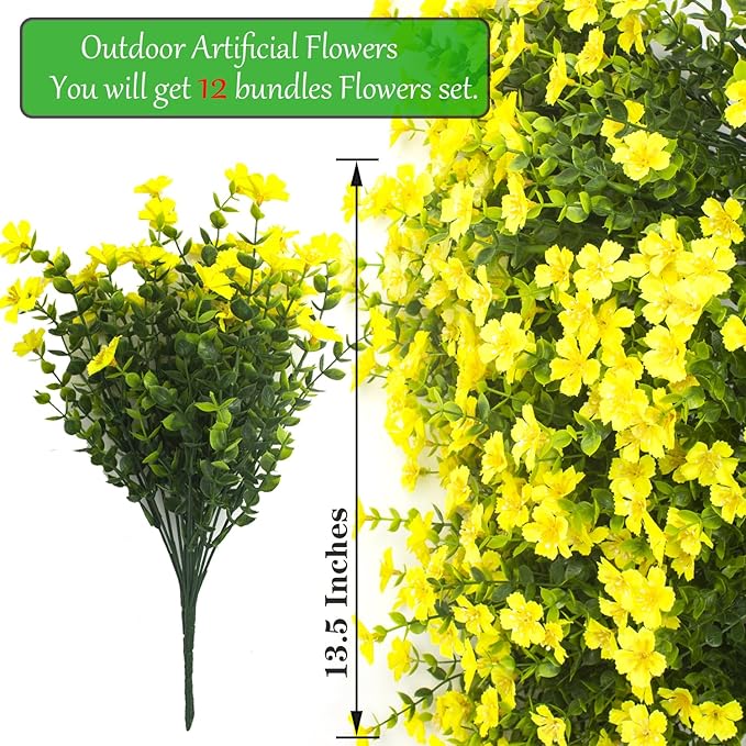 Outdoor Artificial Flowers UV Resistant & Fade Proof, 12 Pack Realistic Fake Flowers for Garden, Patio, Lawn Decor - Weatherproof Plastic Plants(Yellow)