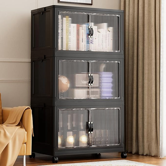 Jalove 50QT Plastic Storage Bins with lids, Stackable Collapsible Storage Containers with Wheels, Closet Organizer and Storage Drawers, Clothes Storage Cabinet for Home Office Garage, 3 Pack Black