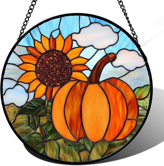 Stained Glass Window Hanging Fall Farm Scenery Sunflower Pumpkin 9.8" - Suncatcher Door Garden Kitchen Sunroom Sun Catcher Home Decor Birthday for Mom Grandma Men Woman
