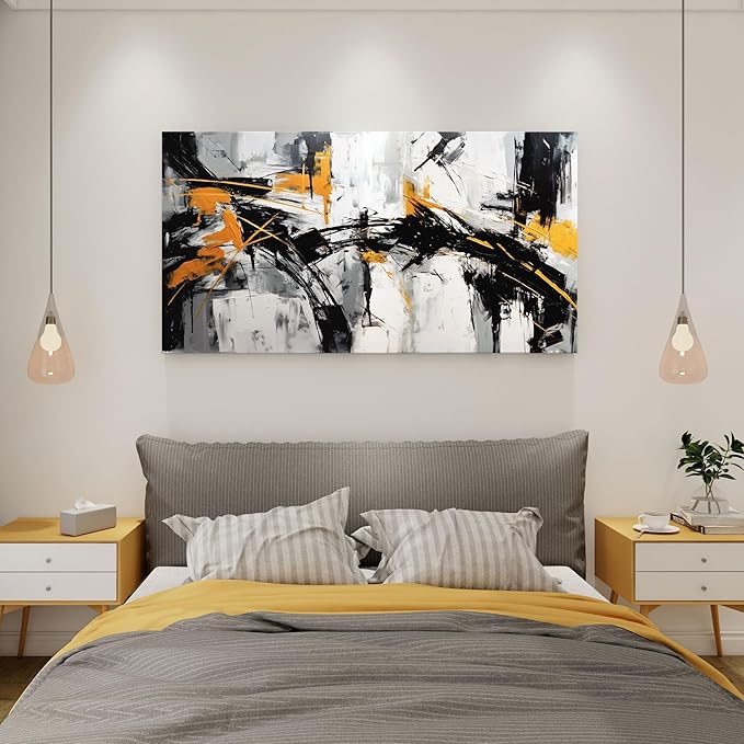 Black Abstract Canvas Wall Art Elegant and Modern Orange Wall Art for Living Room - Canvas Wall Decor for Office and Home - Large Framed Artwork for Walls , White, Gray and Unique Orange Accents 48×24in