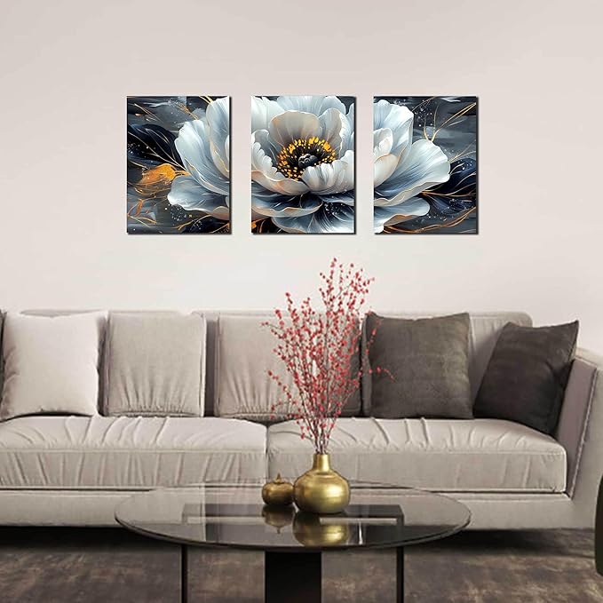 Flower Pictures Wall Art for Living Room - Modern Office Artwork Wall Decor - Black and White Canvas Wall Art for Bedroom Size 12" x 16" x 3 Pieces