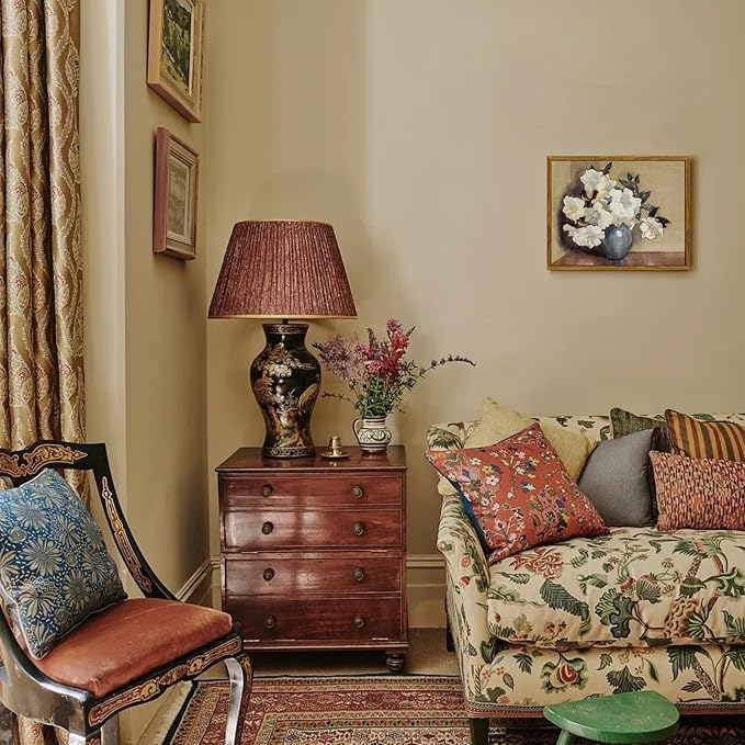 crmotu Floral Framed Wall Art, Still Life Azalea Botanical Prints, Vintage Vase White Flowers Canvas Pictures, Retro Wall Paintings for Living Room, Bedroom Kitchen Office Desktop Small Artwork 8x10in