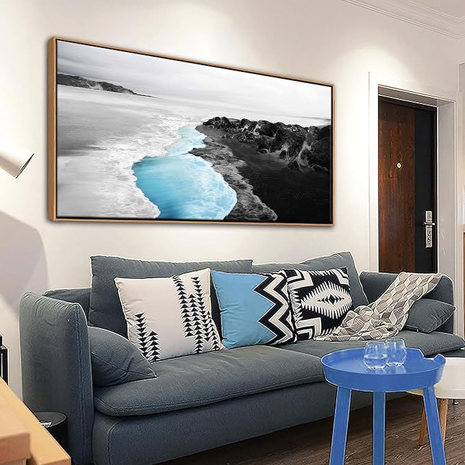 YCPRIMER Blue Beach Wall Art - Large Framed Canvas Coastal Decor Seascape Ocean Landscape Painting,Moden Seaside Picture for Living Room,Bathroom,Bedroom Artwork Wall Decoration Size 24×48Inch