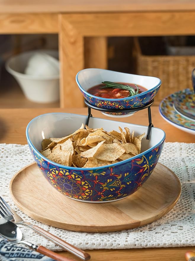 YHOSSEUN Chip and Dip Serving Set, Ceramic Chip Dip Bowls for Parties, 2 Tier Serving Stand Appetizer Serving Dishes for Entertaining Food Display Set