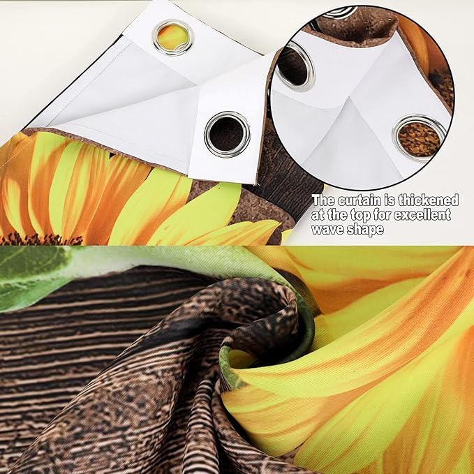 Sunflower Wood Barn Door Floral Blackout Curtains Flower Rustic Brown Vintage Wooden Farmhouse Decor Women Girl Ladies Home Bedroom Living Room Darkening Grommet Window Drapes 2 Panel Set, 42x63 Inch