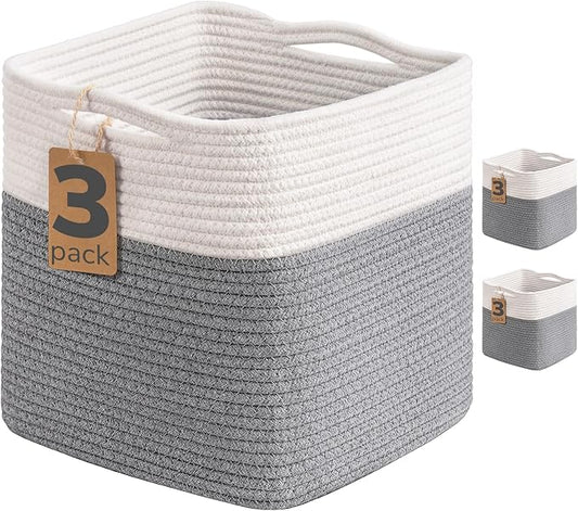 INDRESSME 11x11 Cube Storage Bins, 3-Pack Rope Woven Basket for Organizing Cube Toy Baskets Storage Kids, Square Baskets for Cloth Towel, Book Basket, Bathroom, White & Grey