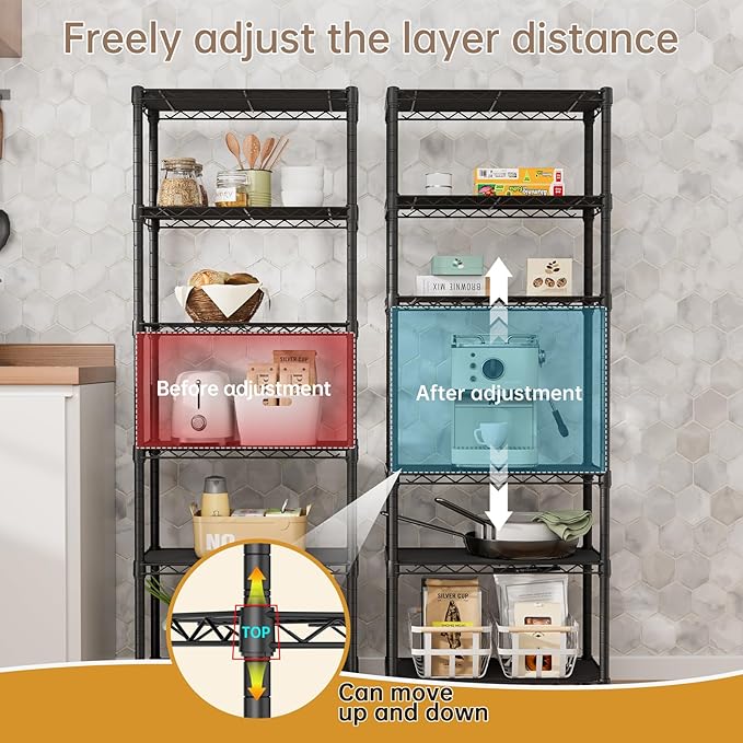 SINGAYE 6 Small Wire Shelves Kitchen Pantry Close Home Organizers and Storage Bathroom Shelf Laundry Room Organization Adjustable Book Metal Garage Shelving Unit