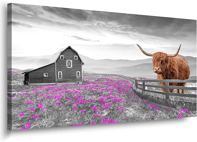 Highland Cow Pictures Canvas Wall Art for Living Room Home Wall Decor Black and White Background Animal Cow Purple Flowers Country Scenery Prints Painting for Bedroom Office Decoration 20x40 inches