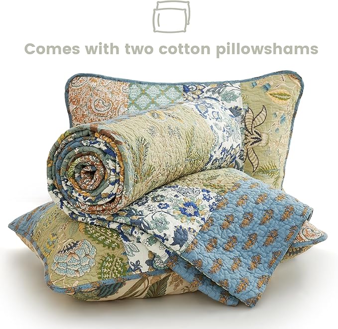 Secgo California King Quilt Size - 100% Cotton Oversized California Comforter Set Green Bedding Sets (120 * 110 Inch) with 2 Pillow Shams, Patchwork Reversible Lightweight Bedspread