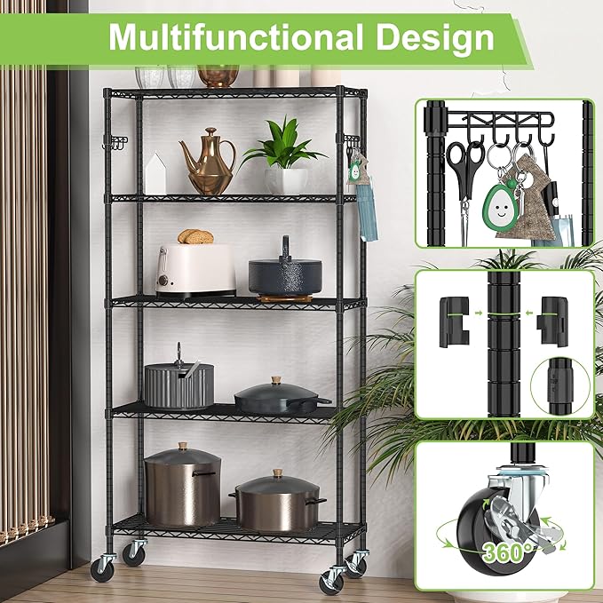 Metal Storage Shelves with Wheels, 5-Tier Steel Wire Rack Shelving Unit, Adjustable Rolling Utility Shelves, Standing Storage Organizer for Kitchen Garage Pantry Closet Laundry(5-Tier Shelf)