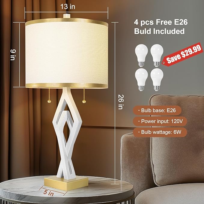 Sculptural Table Lamp Set of 2 for Bedroom, 26” White Modern Bedside Lamps for Living Room, White Linen with Gold Trim Shade, Dual S Nightstand Lamp Metal Base with USB for Home Decor (Bulbs Included)