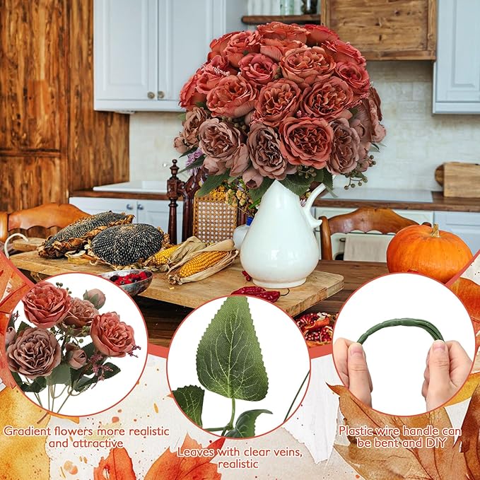 Geosar 16 Bundles Artificial Peonies Flowers Fake Silk Peony Bouquet Faux Peonies Flowers Bulk for Decoration Vase Florals Arrangements Wedding Party Table (Orange,Brown)