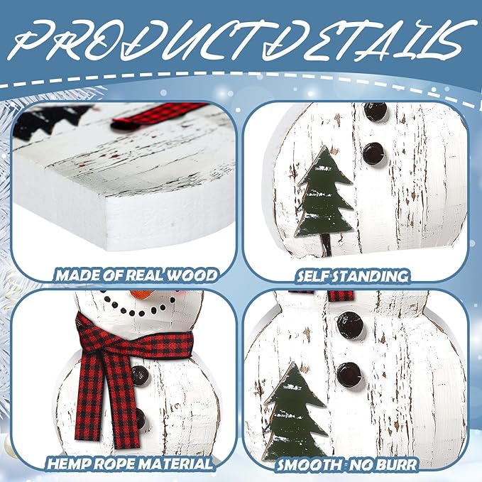 Barydat 3 Pcs Snowman Christmas Decor Winter Wooden Table Decorations, Rustic Snowman Table Centerpieces Block Sign for Xmas Holiday Party Indoor Home Kitchen Office Room Decorations