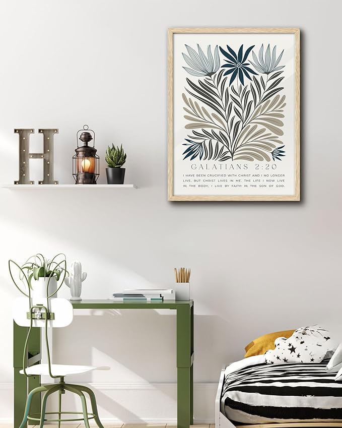 EcoHest Christian Bible Verse Floral Framed Wall Art, Large 16x20 in OAK Wood Boho Abstract Flowers Canvas Wall Art, Galatians 2:20 Home Decor, Beige Logs Christ Set of 1 for Bedroom Living Room