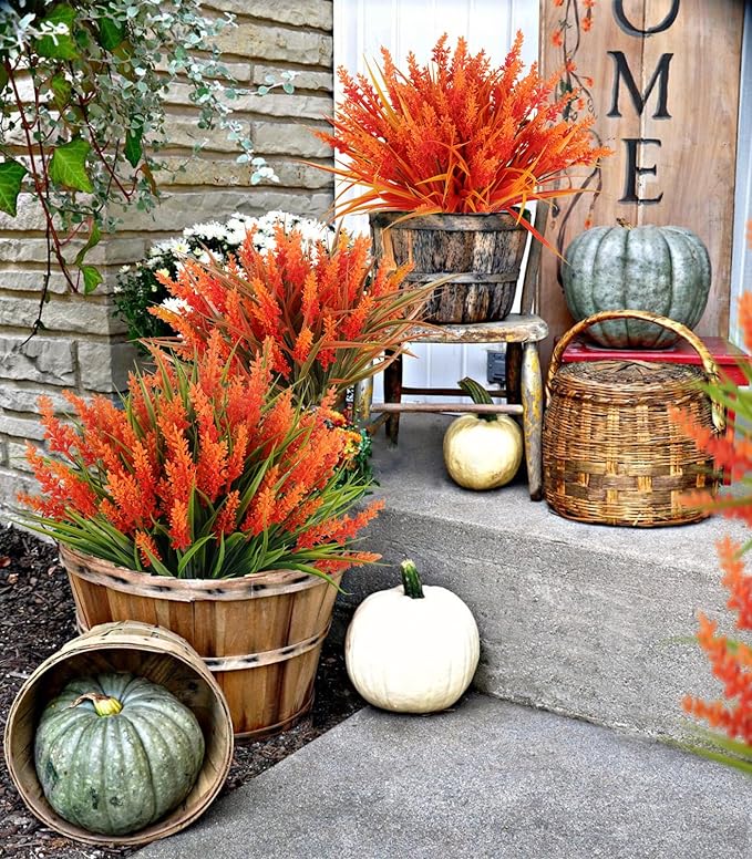 Faux Fall Flowers for Outside,Artificial Plants Outdoor, UV Resistant Faux Monkey Grass Greenery Stems Faux Plastic Flowers Shrubs for Home Weddings Garden Porch Front Patio Office Decor(Orange)