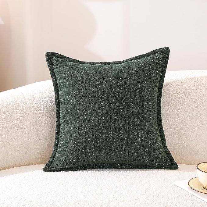 AVOIN colorlife Dark Green Chenille Throw Pillow Covers 18 x 18 Inch Set of 2, Soft Cozy Bound Edge Design Home Decor Cushion Case for Living Room Bed Sofa Coach