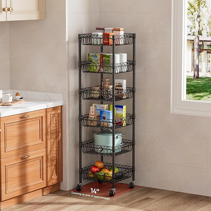 6 Shelves Storage Shelf Wire Closet Bathroom Organizers Metal Pantry Kitchen Garage Shelving Unit Laundry Room Organization Home Rack Net Basket Black with Wheels 14" Dx14 Wx64.8 H