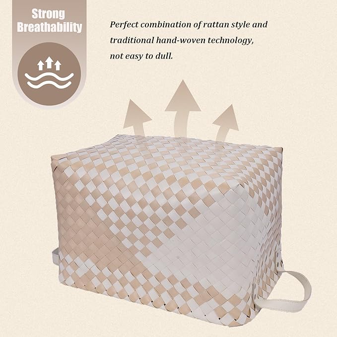 BROWNLILY Handwoven Clothes Basket Laundry Hampers Large Wicker Storage Baskets for Shelves Blankets Closet Storage Bins Car Bedroom Bathroom Organizers and Storage (Pack of 4, Khaki & Ivory White)