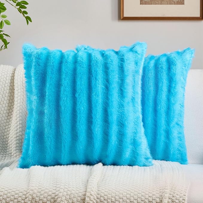 FUTEI Sky Blue Decorative Throw Pillow Covers 26x26 Inch Set of 2,Soft Fluffy Faux Mink Fur Dyeing Striped Textured Euro Pillow Shams,Modern Home Decor for Couch Bed Living Room
