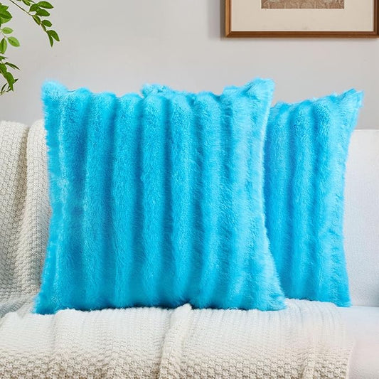 FUTEI Sky Blue Decorative Throw Pillow Covers 26x26 Inch Set of 2,Soft Fluffy Faux Mink Fur Dyeing Striped Textured Euro Pillow Shams,Modern Home Decor for Couch Bed Living Room