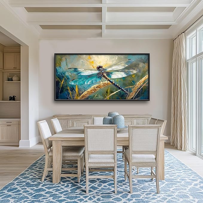 Olivine Dragonfly Wall Art, Vintage Dragonfly Pictures Wall Decor, Nature Painting, Insect Canvas Prints, Framed Artwork for Bathroom Bedroom Living Room Office Home Decoration 60"x30"