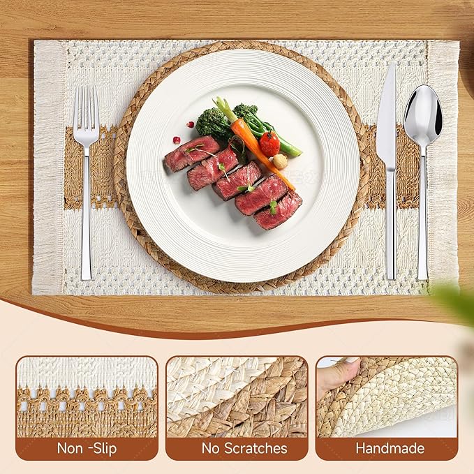 Handmade Boho Placemats Set of 6 - Natural Cotton Burlap and Water Straw Woven Combination Table Mats, Macrame Décor and Farmhouse Style Placemats, for Dining Table Kitchen (Natural, 6PC)