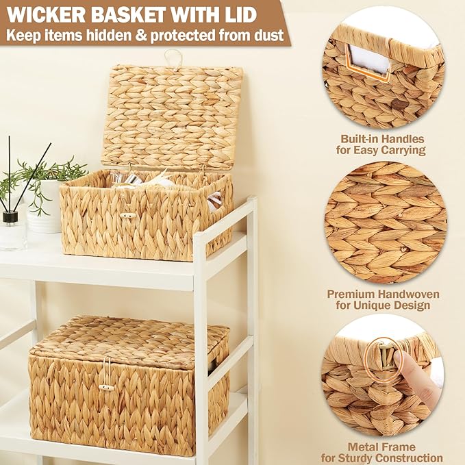 Wicker Basket with Lid, Water Hyacinth Storage Baskets for Shelves, Large & Small Storage Basket with Lid and Built-in Handles, Hand Woven Hyacinth Baskets 2 Pack