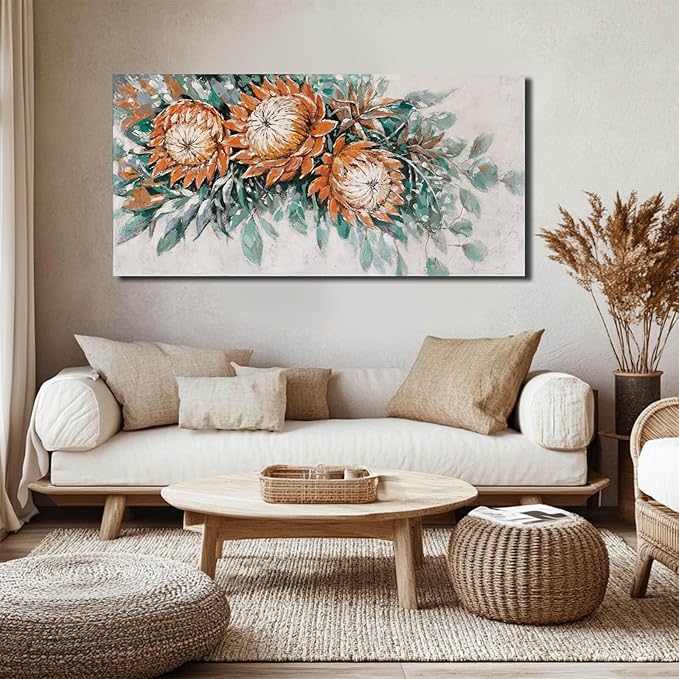 GAIDUOMAI Red Flowers Wall Art Green Leaves Painting Plants Wall Decorations for Living Room Contemporary Artwork for Home Haning Decor 24x48 Inch