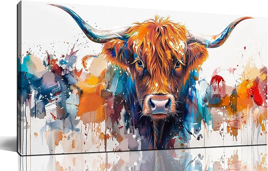 ZHAOSHOP Highland Cow Artwork Wall Decor for Living Room - Colorful Graffiti Wall Art for Office - Modern Wall Decor Teen Bedroom Size 20" x 40"
