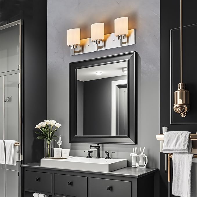 Bathroom Light Fixture, Brushed Nickel | 24 Inch 3 Lights, White Glass Shade, Farmhouse Style - Vanity Lights for Bathroom, Living Room, Bedroom