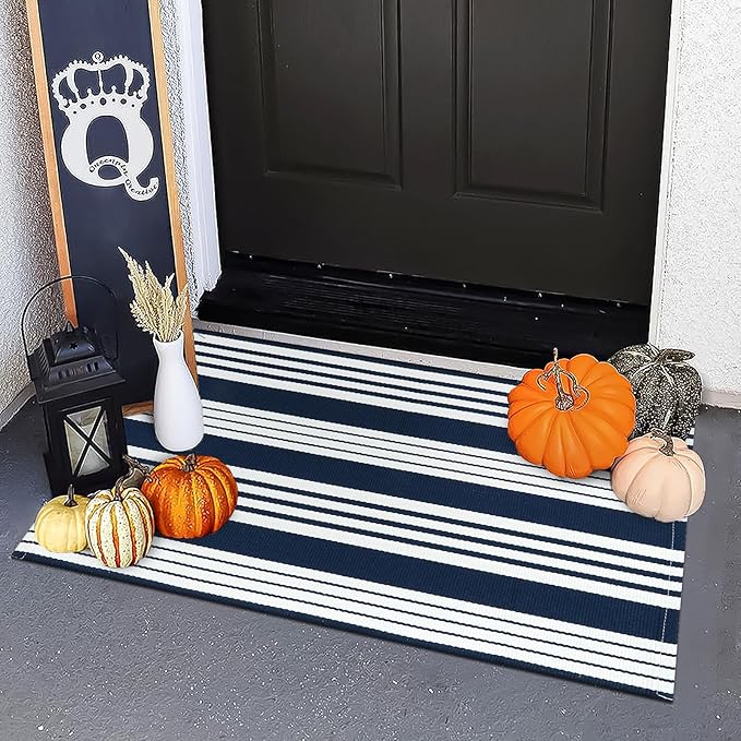 OJIA Front Door Mat Halloween Doormat 2'x3' Striped Front Door Rug Washable Fall Door Mats Outdoor Cotton Woven Indoor Outdoor Rugs Farmhouse Small Area Rug for Porch/Entryway/Kitchen/Bathroom