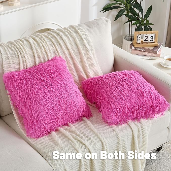 FUTEI Hot Pink Decorative Throw Pillow Covers 22x22 Inch Set of 2,Soft Fluffy Faux Feather Texture Cushion Cases,Modern Home Luxury Decor for Couch Bed Living Room