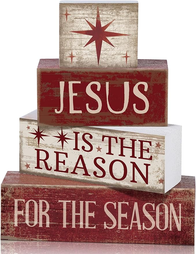 4 Pcs Christmas Table Decoration Jesus Decor Christmas Tiered Tray Decor Christian Centerpiece Decorative Jesus Block Signs Gift Farmhouse for Religious Home Office Tabletop Kitchen Office
