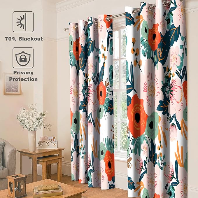Jekeno Floral Blackout Curtains Colorful Flowers Green Leaves Decor Home Bedroom Living Room Darkening Grommet Window Drapes 2 Panel Set, 52"x63"