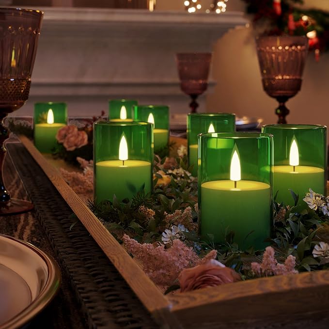 6Pack Flickering Flameless LED Candles with Timer, Battery Powered - Small Pillar & Votive, Green (2"X3")
