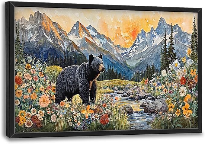 Extra Large Framed Abstract Black Bear Mountain Wall Art,Colorful Wildflower Forest Landscape Wall Decor Pictures for Living Room,Canvas Print Painting Modern Artwork Bedroom Office Bathroom 36L x24W