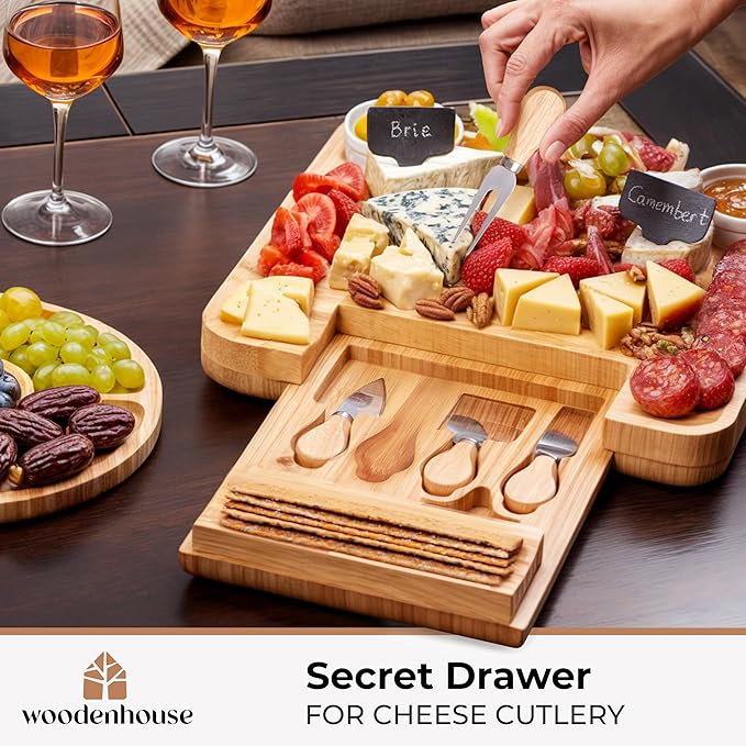 Charcuterie Boards, Bamboo Cheese Platter - Cheese Tray with Cheese Utensils, Fruit Tray, and 2 Bowls Included by Woodenhouse